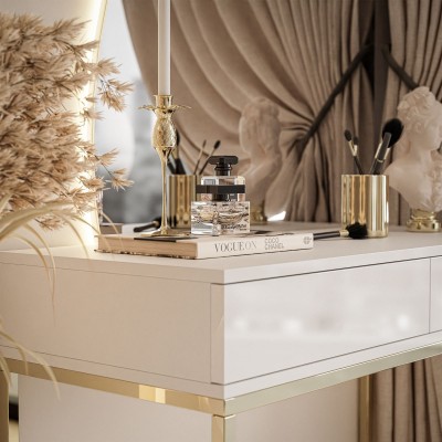 Toaletka kosmetyczna QUINNIE z lustrem LED złoty chrom Toaletka kosmetyczna QUINNIE z lustrem LED złoty chrom