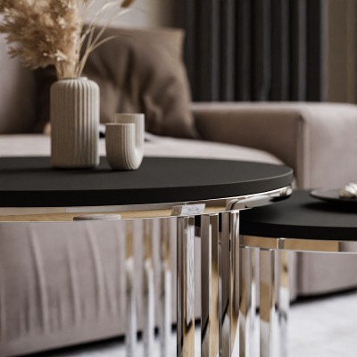 Okrągły stolik kawowy 2w1 LORI srebrny chrom czarny mat