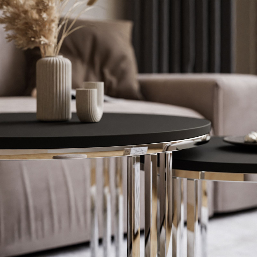 Okrągły stolik kawowy 2w1 LORI srebrny chrom czarny mat