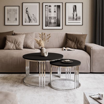 Okrągły stolik kawowy 2w1 LORI srebrny chrom czarny mat