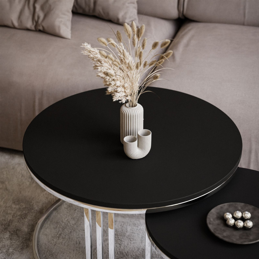 Okrągły stolik kawowy 2w1 LORI srebrny chrom czarny mat