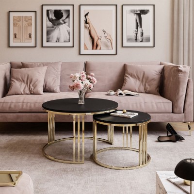 Okrągły stolik kawowy 2w1 LORI złoty chrom czarny mat