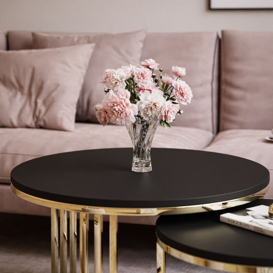 Okrągły stolik kawowy 2w1 LORI złoty chrom czarny mat