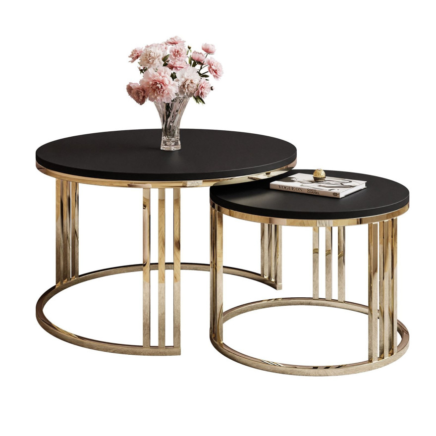 Okrągły stolik kawowy 2w1 LORI złoty chrom czarny mat