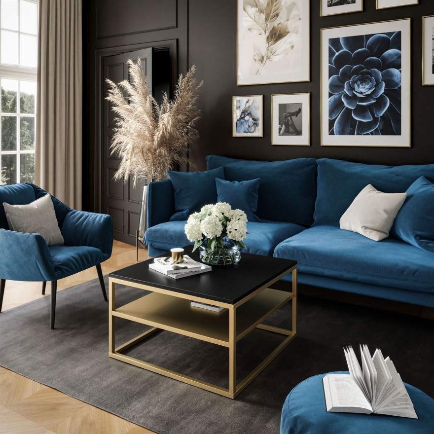 Stolik kawowy NOVA z półką czarny mat złoty mat