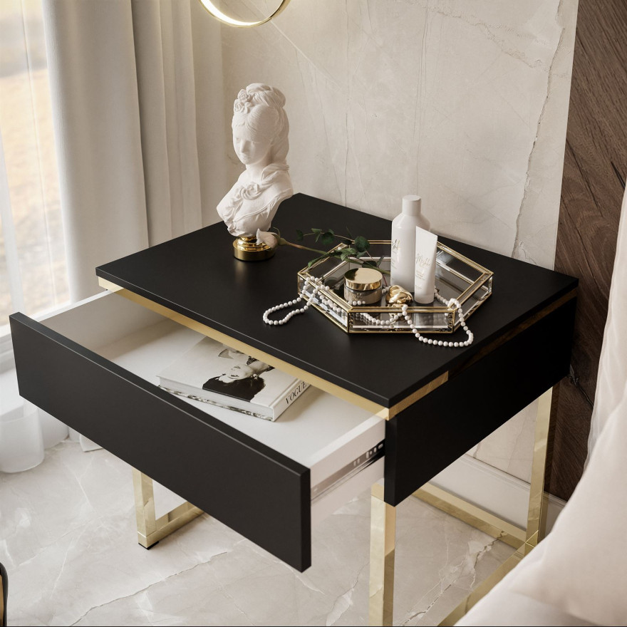 Stolik nocny AURORA na złotym stelażu czarny mat